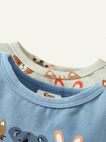 4pcs Baby Girl Snug Fit Adorable Animal Pattern Round Neck Top And Long Pants Pajama Set Matching Set - Blue - View 7