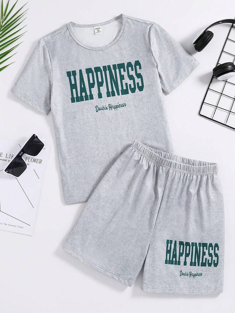 Tween Boys' Simple Grey Short Sleeve T-Shirt With Green Letter Print Design On The Front Chest, Matched With Shorts, For Casual And Loose Home Wear