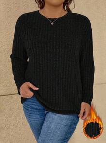 Vionelle Plus Drop Shoulder Rib-Knit Tee Fall Cloth For Women - Black - View 3