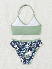 Teen Girl Holiday Áo dây màu trơn và quần đùi tam giác in hoa nhiệt đới Bộ bikini đơn giản đi biển mùa hè - Nhiều màu - Xem 3
