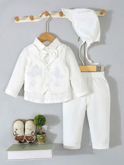 SHEIN Conjunto de 4 piezas para bautizo de niño, incluye camisa blanca de manga larga con corbata de moño, chaleco bordado con flores, pantalones y sombrero, regalo para pajecillo de boda