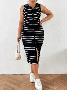 SHEIN Essnce Plus Size V-Neck Striped Print Slit Casual Sleeveless Dress, For Summer - Black - View 5