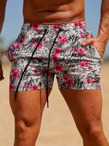 GINGTTO Men Swim Trunks Board Shorts With Compression Liner Bathing Suit Quick Dry Cargo Pocket,Hawaiian