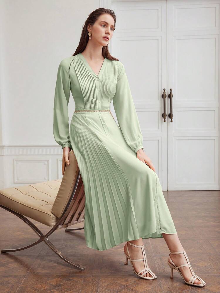 SOLID V-NECK LANTERN SLEEVE PLEATED PANEL DRESS