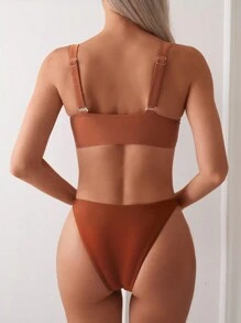 SHEIN Swim 纯色两件套比基尼套装 适合夏季海滩 - 棕色 - 查看 2