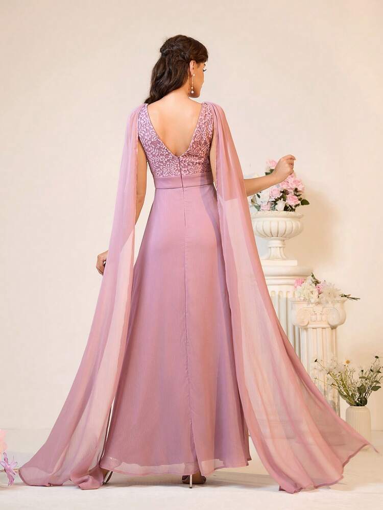 Women Romantic And Elegant Pink Purple Lace Fabric Spliced With Chiffon Fabric, Deep V-Neck, A-Line Sleeves, Ethereal Long Sleeves, Flowy Drapes, V-Shaped Back With Sequins, Bridesmaid Dress
