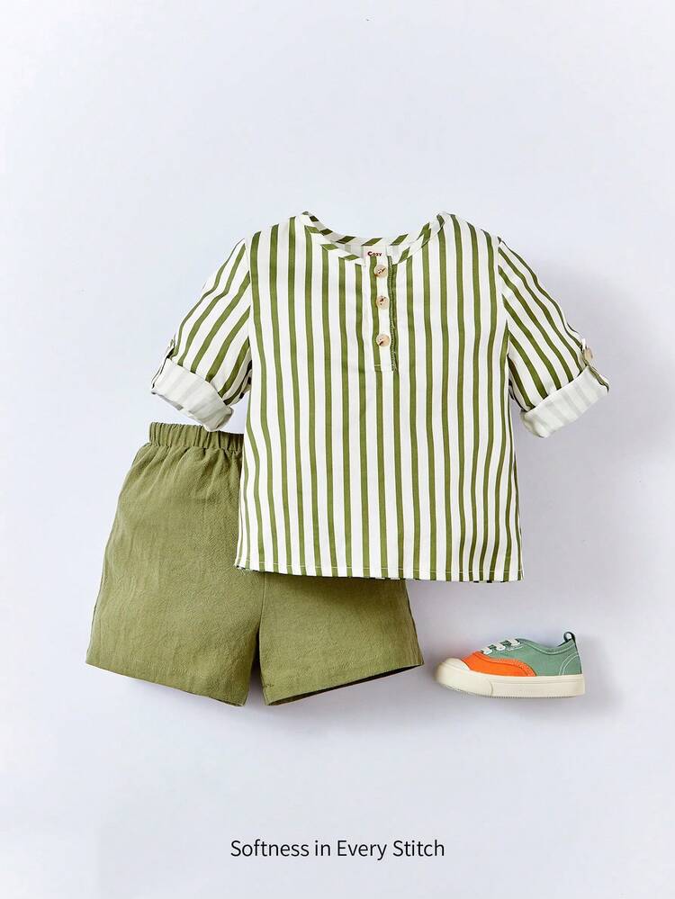 Baby Boy Striped Half Button Shirt & Shorts