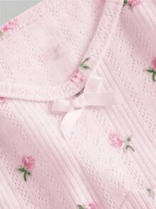 ROMWE Kawaii Áo thun ngắn tay in hoa kiểu dáng ngọt ngào Slim Fit sành điệu - Hồng - Xem 2