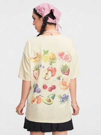 Camiseta de mujer de moda con estampado de frutas, hombros caídos y diseño de gran tamaño