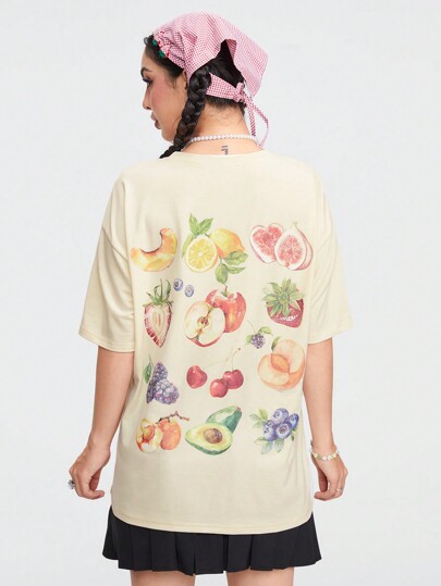 T-shirt oversize a spalla bassa stampa frutta moda donna