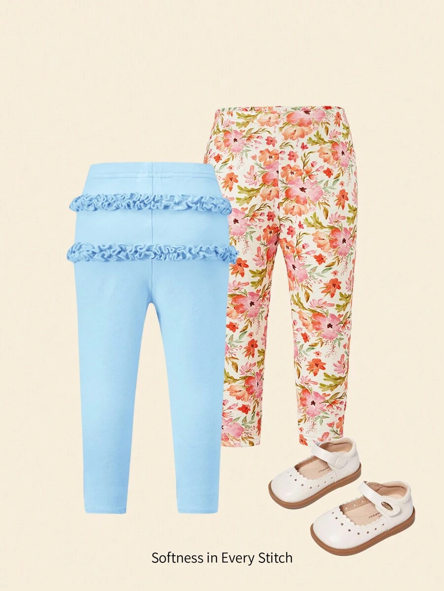 SHEIN Baby Girl 2pcs Floral Print Ruffle Trim Pants - Multicolor - View 1