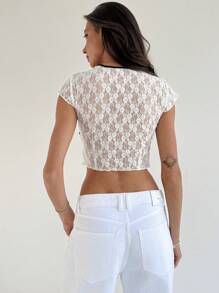 Aloruh Women Tight Black And Contrast Lace Deep V-Neck Mesh Top - White - View 2