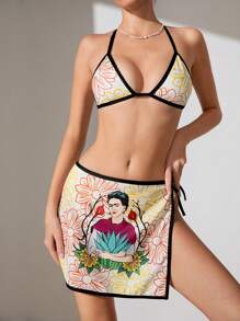 Frida Kahlo X SHEIN 3 piezas Bikini Floral Sexy Impreso de Figuras de Verano para Mujeres