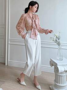 DAZY Women Chiffon Printed Shirred Long Sleeve Blouse,Ruffle,Fall Women Clothes - Pink - View 5