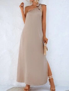 Oblique Shoulder Strap Solid Color Casual Daily Wear Dress - Apricot - View 5