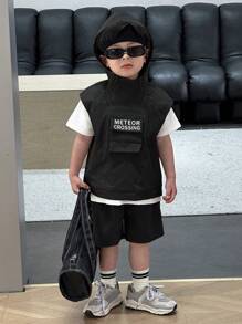 SHEIN Jungen lässig Ärmelloses Weste mit Reißverschluss Jacke, weiß Kurzarm T-Shirt und Shorts Anzug ist 3 Stück/Set, geeignet für Sport, Schule, Frühling/Sommer Saison
