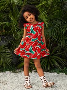 SHEIN Vestido de manga corta con cuello redondo y diseño de sandía, lindo y moderno para una niña - Rojo - Ver 6