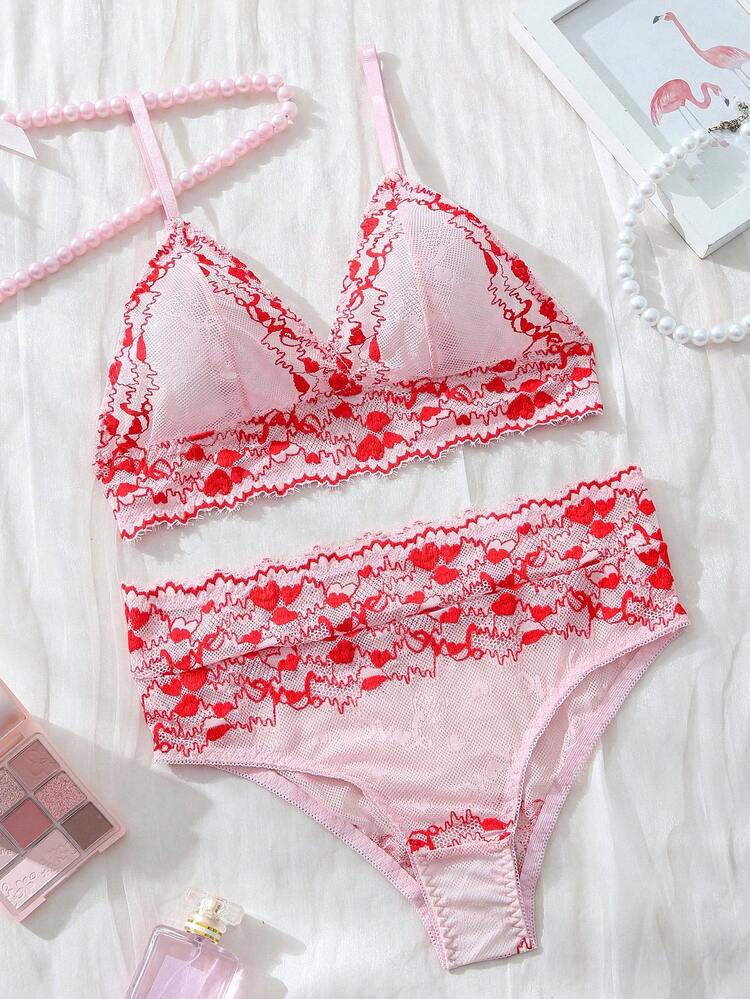Women Heart Embroidery Contrast Lace Simple And Comfortable Bra & Panty Underwear Set, Lingerie