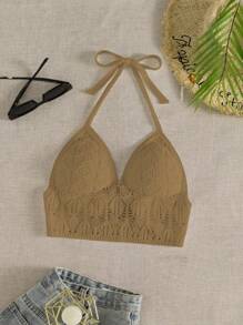 SHEIN Swim Áo khoác len dệt kim Pointelle cho kỳ nghỉ hè chắc chắn dành cho nữ - Màu Khaki - Xem 1