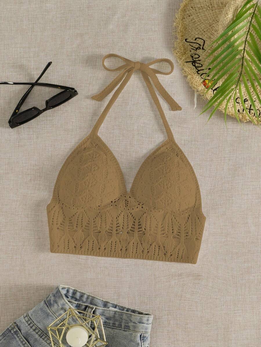 SHEIN Swim Áo khoác len dệt kim Pointelle cho kỳ nghỉ hè chắc chắn dành cho nữ - Màu Khaki - Xem 1