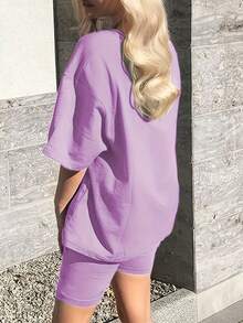 寬鬆休閒T恤與字母印花運動短褲套裝 - 紫色 - 查看 2