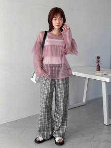 FRIFUL Women Casual Daily Wear Long Sleeve Top With Ruffled Hem Sheer,Fall Women Clothes