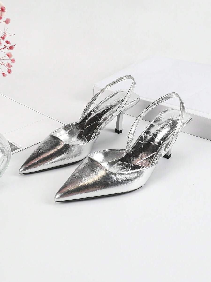 Women Silver High Heel Mary Jane Pumps With Kitten Heels, Wedding Shoes
