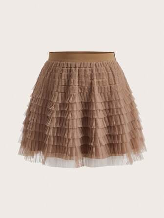 SHEIN Privé 加大碼春夏時尚假日海灘多層蕾絲蛋糕裙寬鬆A字裙