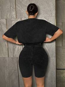 SHEIN SXY Women Summer Solid Color Round Neck Drop Shoulder Short Sleeve T-Shirt And Shorts Casual Loose Two-Piece Set