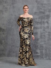 Women's Off Shoulder Long Sleeve Sequin Party Dress - Black - View 1