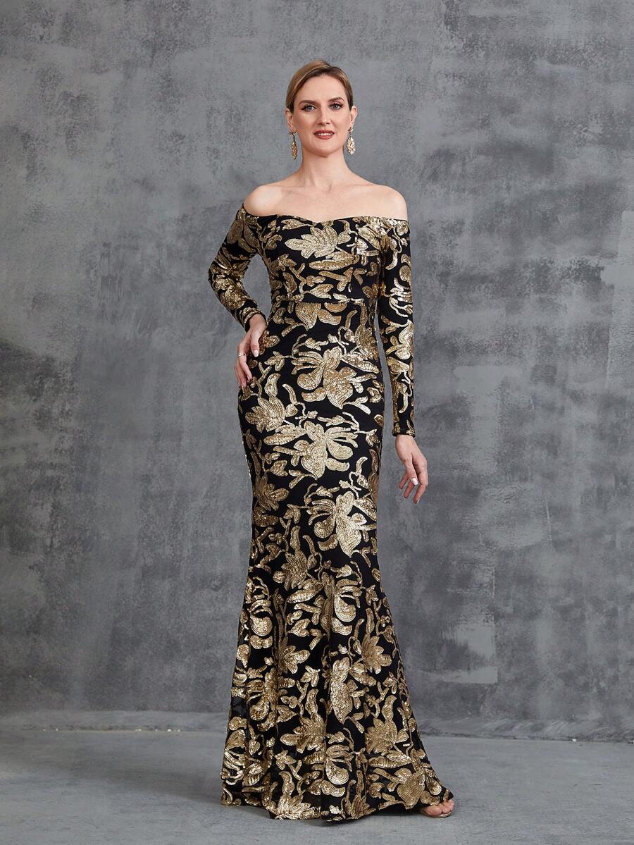 Women's Off Shoulder Long Sleeve Sequin Party Dress - Black - View 1