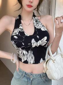 DAZY 女士夏季印花修身露脐吊带背心，波西米亚风上衣，适合节日和外出穿着 - 黑色 - 查看 2