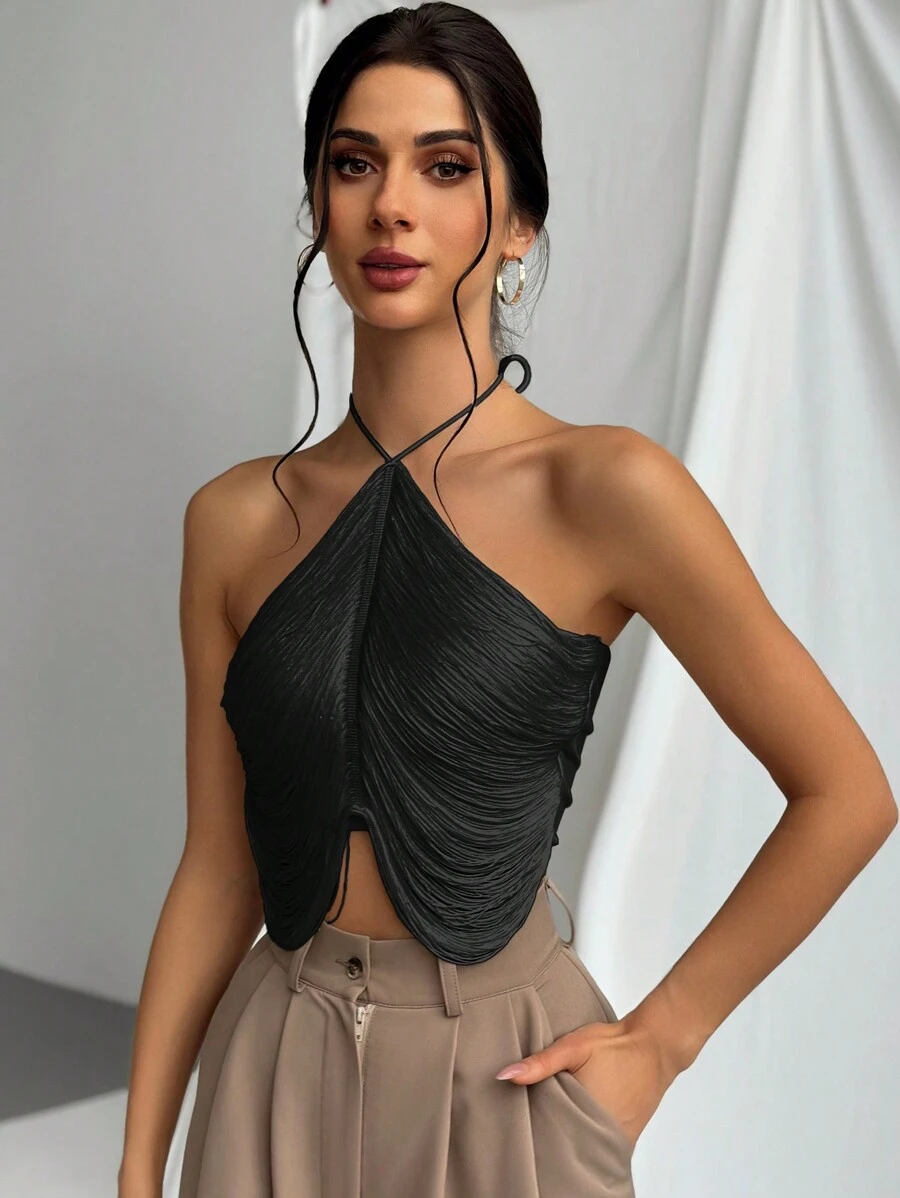 Firerie Camisola elegante para mujer con cuello halter y flecos para la temporada de bodas - Negro - Ver 1