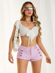 SHEIN ICON Y2k Summer Outfits Fashionable Solid Color Button Summer Low Rise Pink Corduroy Shorts - Pink - View 6