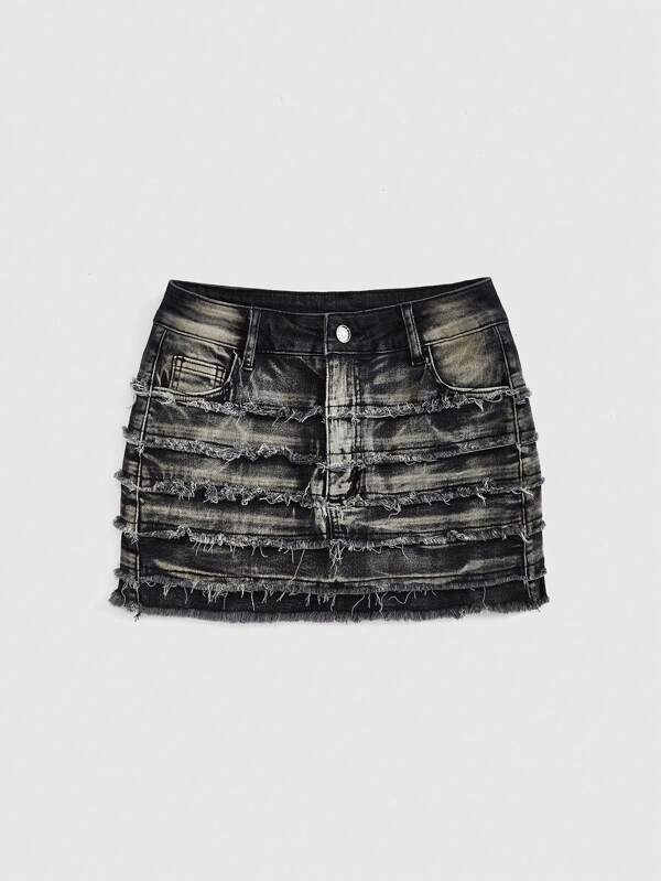 ROMWE Grunge Punk Minigonna di jeans a vita bassa con orlo sfrangiato e strati multipli rovinato, stile Y2K (con leggings elasticizzati)