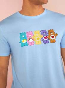 SHEIN X Care Bears Men Summer Cartoon Dreamy Dopamine Rainbow Bear Print Casual Loose Blue Short-Sleeved T-Shirt & Shorts Loungewear Two-Piece Set