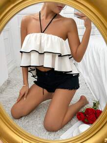 Breezaya Women Summer Contrast Trim Ruffle Trim Halter Neck Crop Cami Top - Multicolor - View 5