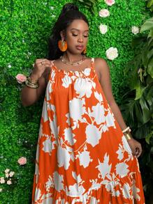 Slaydiva Plus Size Vacation Style Floral Printed Ruffle Hem Maxi Slip Dress For Summer