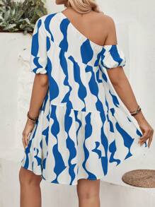 SHEIN Maternity Loose Geometric Print Asymmetric Neckline Short Bubble Sleeve Dress With Ruffle Hem For Summer