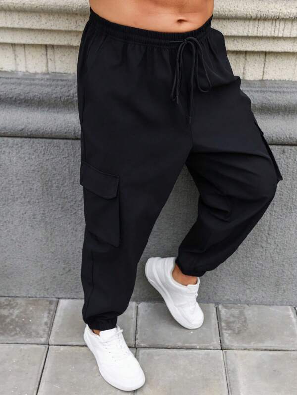 Manfinity Homme Men's Plus Size Solid Color Cargo Pants With Drawstring Hem And Pockets, Going Out Plain Long Casual Slacks Black Pants, For Husband, Boyfriend Gifts Black Cargo Pantsblack Cargo Pants Menblack Baggy Pantsmen Pants Black