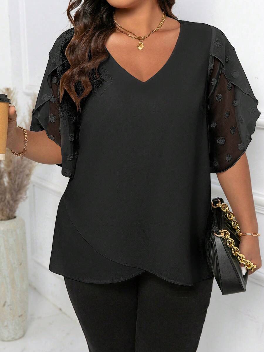 SHEIN LUNE 大码女式 V 领花卉褶皱荷叶边长袖雪纺拼布休闲衬衫，适合工作或聚会 - 黑色 - 查看 1