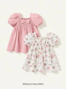 Cozy Pixies Baby Girl Solid Color With Floral Pattern Bubble Sleeves Dress With Bow Decoration, Square Neck And Gathered Waist, 2pcs/Set Graphic