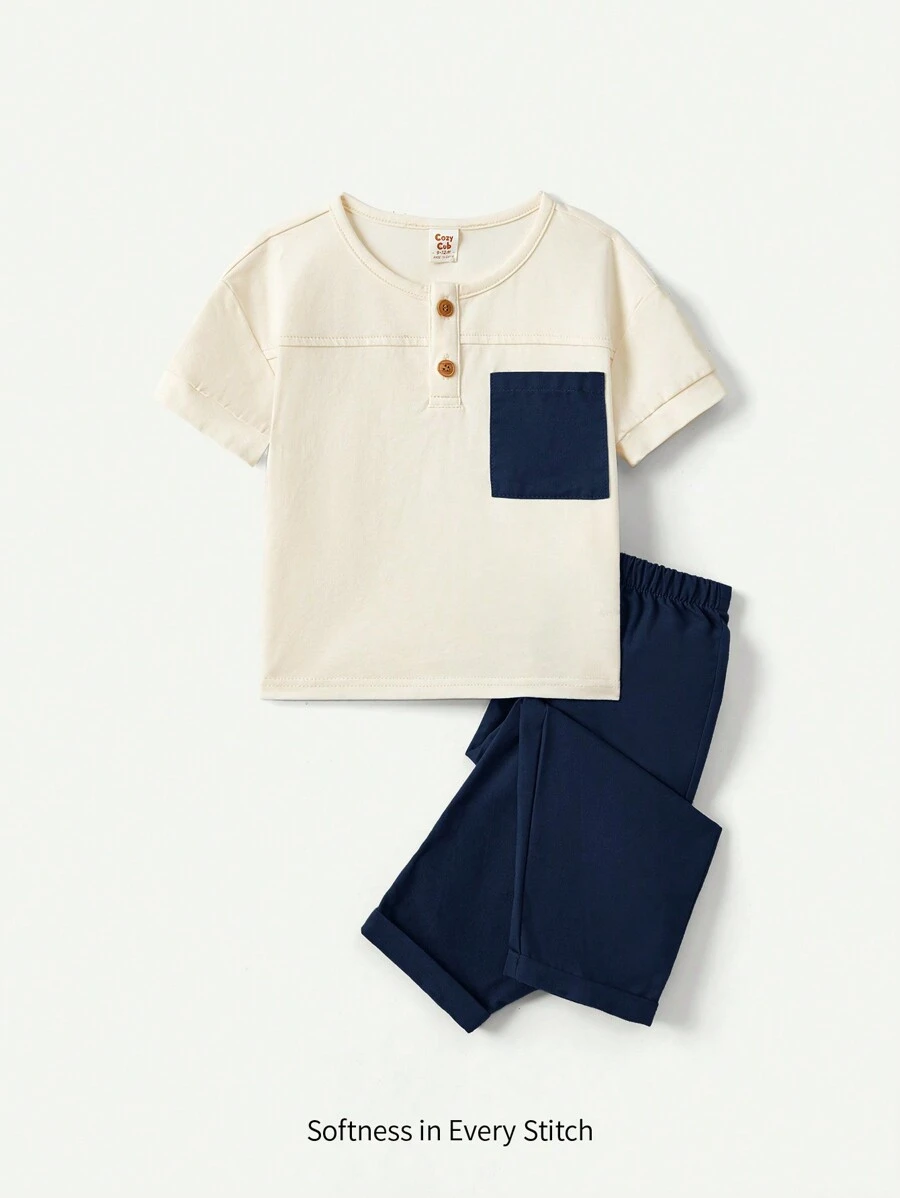 Cozy Pixies Baby Boy Round Neck Colorblock Patch Pocket Short Sleeve Top Plain Long Pants Casual Two-Piece Set - Blue - View 1
