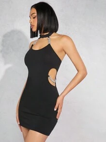 Hauture Vestido halter de cuello de gargantilla recortada con cadena para mujeres - Negro - Ver 1