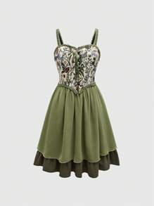 ROMWE Fairycore Plus Size Embroidered Plants Sleeveless Cami Dress, Summer - Army Green - View 1