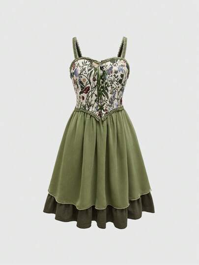 Fairycore Women Lace Patchwork Bowknot Decor Fashionable Daily Wear Spaghetti Strap Dress