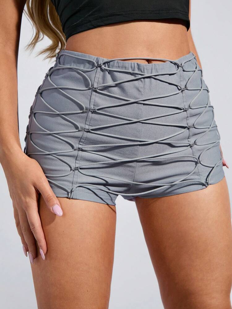 Solid Grey Cargo Shorts With Complicated Straps Decoration And Style For Women, Petite Sizes