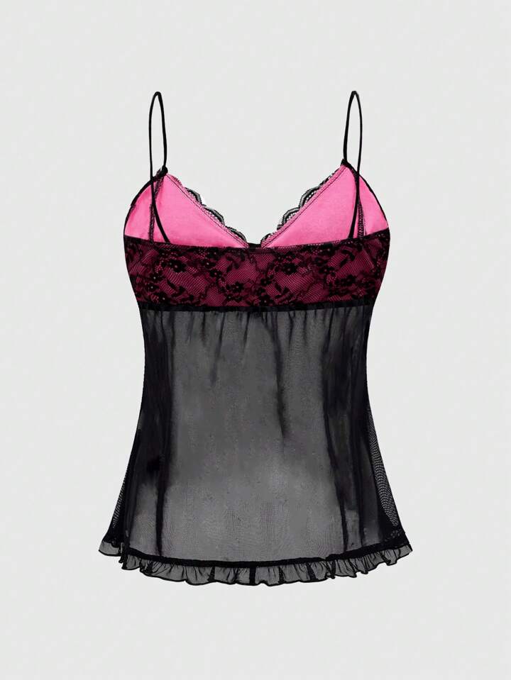 Our J-Fashion Women Color Block Lace Contrast Mesh Ruffle