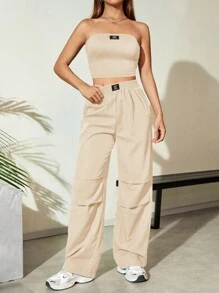 Flirla 女款夏季寬鬆休閒2件套裝：短款letter印花背心上衣和寬腳打褶褲 - 杏色 - 查看 4