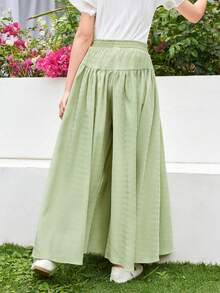 SHEIN Tween Girl Loose Casual Texture Contrast Letter Pattern Skort Design Long Pants - Mint Green - View 2